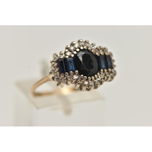 60 - A 9CT GOLD DIAMOND AND SAPPHIRE CLUSTER RING, oval and baguette cut sapphires set with a surround of... 