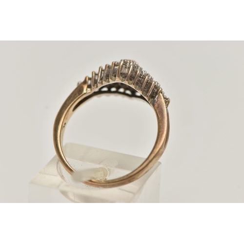 62 - A DIAMOND CLUSTER RING, forty nine single cut diamonds, prong set in white metal, leading on to a ye... 