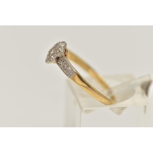 65 - AN EARLY TO MID 20TH CENTURY DIAMOND RING, designed as a floral cluster, set with old and single cut... 