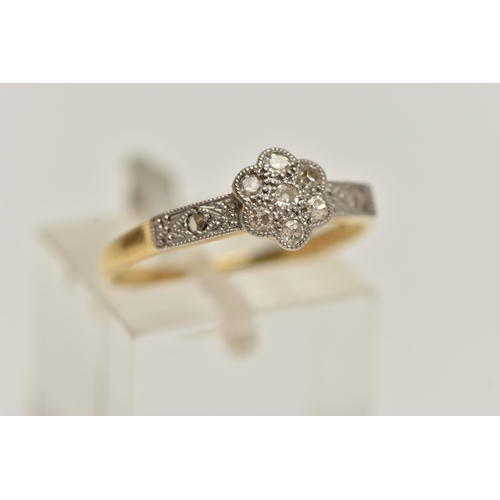 65 - AN EARLY TO MID 20TH CENTURY DIAMOND RING, designed as a floral cluster, set with old and single cut... 