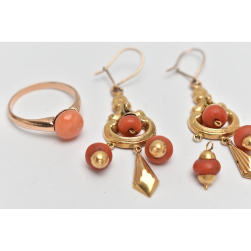 68 - LATE 19TH CENTURY CORAL JEWELLERY, to include a pair of chandelier yellow metal and coral earrings, ... 