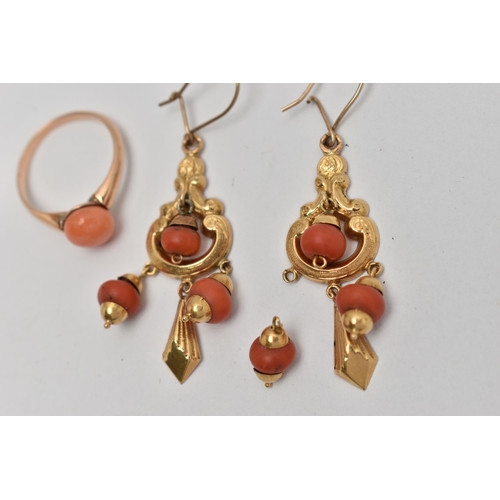 68 - LATE 19TH CENTURY CORAL JEWELLERY, to include a pair of chandelier yellow metal and coral earrings, ... 