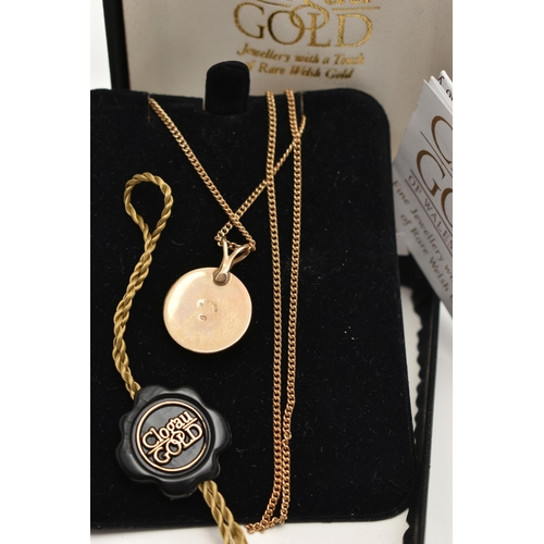 7 - A 9CT ROSE GOLD 'CLOGAU' PENDANT NECKLACE, circular pendant with foliage detail, fitted with a split... 