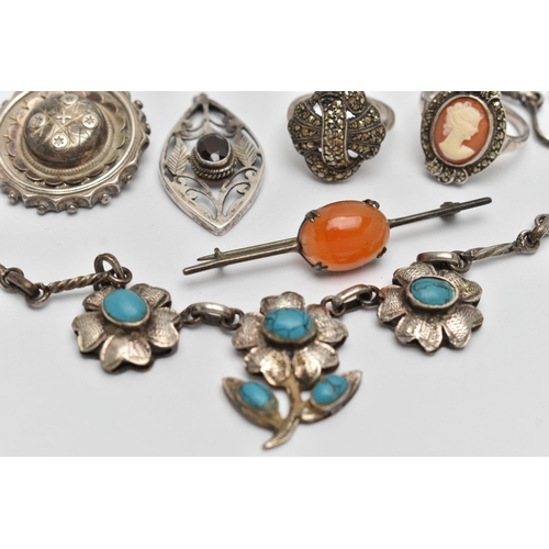 71 - AN ASSORTMENT OF WHITE METAL JEWELLERY, to include a late 19th century AF brooch, an early 20th cent... 