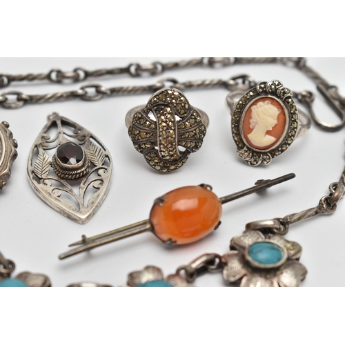 71 - AN ASSORTMENT OF WHITE METAL JEWELLERY, to include a late 19th century AF brooch, an early 20th cent... 