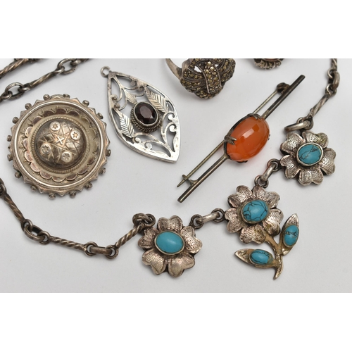 71 - AN ASSORTMENT OF WHITE METAL JEWELLERY, to include a late 19th century AF brooch, an early 20th cent... 