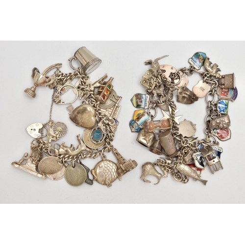 78 - THREE CHARM BRACELETS, to include a silver curb link bracelet with assorted charms, fitted with a he... 