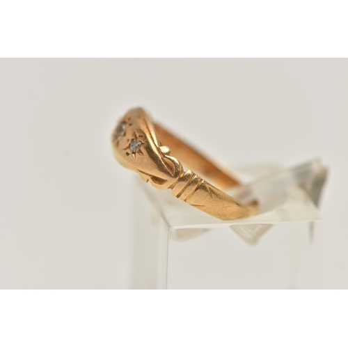 82 - AN EARLY 20TH CENTURY 18CT GOLD DIAMOND RING, designed with three star set diamonds, scroll shoulder... 