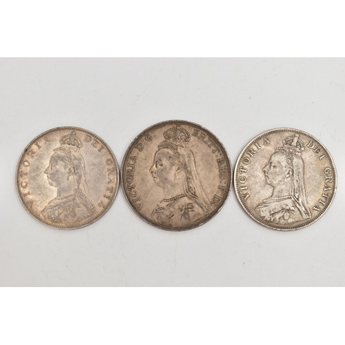 92 - THREE SILVER VICTORIA CROWNS, a 1887 crown and two 1889 crowns, approximate gross weight 73.1 grams,