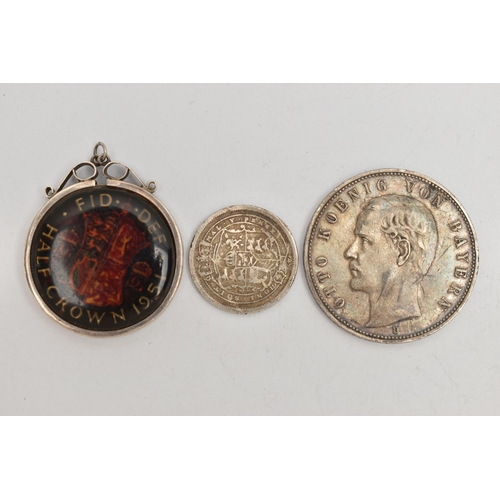 97 - THREE ASSORTED COINS, to include a white metal mounted coin with resin cover, a 1900 German coin and... 