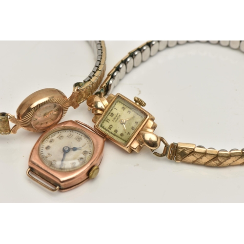 145 - THREE 9CT GOLD LADYS WATCHES, to include a manual wind, rose gold watch head, hallmarked 9ct London,... 