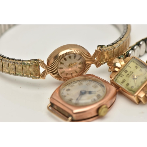 145 - THREE 9CT GOLD LADYS WATCHES, to include a manual wind, rose gold watch head, hallmarked 9ct London,... 