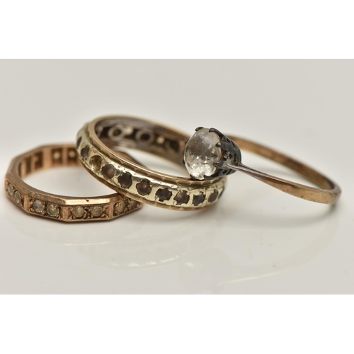 150 - THREE RINGS, to include a yellow metal full eternity ring, set with colourless spinel, unmarked, rin... 