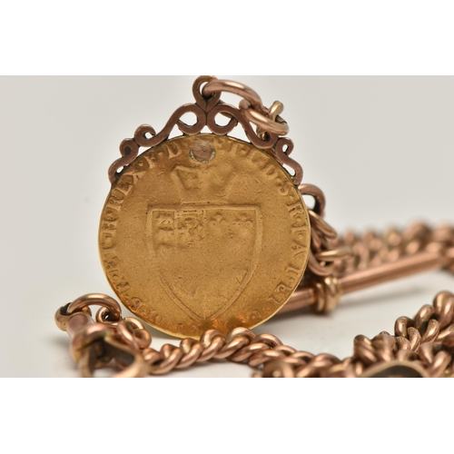 152 - A 9CT ROSE GOLD ALBERT CHAIN WITH COIN FOB, graduated albert chain, each link stamped 9.375, fitted ... 