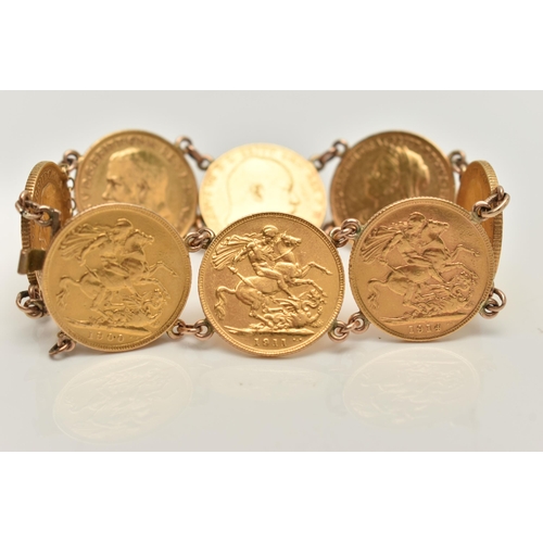 154 - A FULL SOVEREIGN BRACELET designed as a series of eight full sovereigns, dates to include 1895, 1900... 