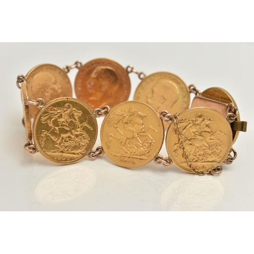 154 - A FULL SOVEREIGN BRACELET designed as a series of eight full sovereigns, dates to include 1895, 1900... 