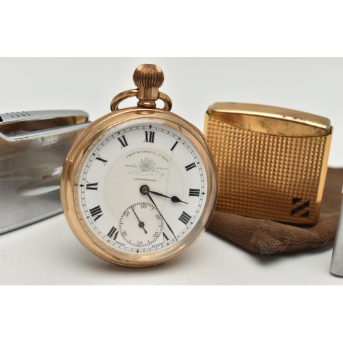 168 - A GOLD PLATED POCKET WATCH AND LIGHTERS, to include a gold plated, manual wind, open face pocket wat... 