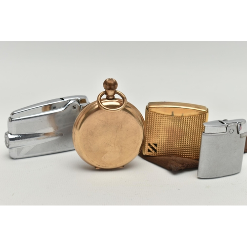 168 - A GOLD PLATED POCKET WATCH AND LIGHTERS, to include a gold plated, manual wind, open face pocket wat... 