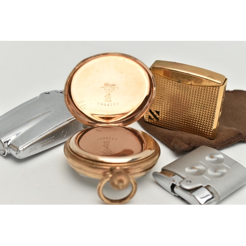 168 - A GOLD PLATED POCKET WATCH AND LIGHTERS, to include a gold plated, manual wind, open face pocket wat... 