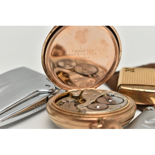 168 - A GOLD PLATED POCKET WATCH AND LIGHTERS, to include a gold plated, manual wind, open face pocket wat... 