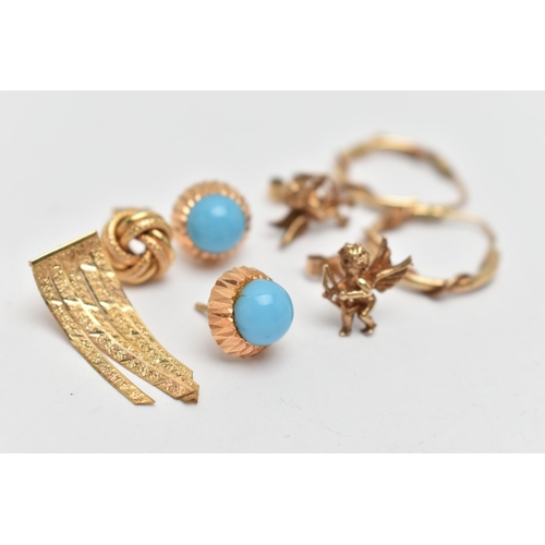 171 - THREE PAIRS OF EARRINGS, to include a pair of 9ct gold Cherub stud earrings, post and scroll fitting... 