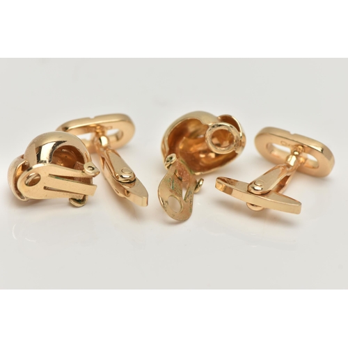 179 - A PAIR OF CHRISTIAN DIOR CLIP ON EARRINGS AND A PAIR OF CUFFLINKS, cross over yellow metal non-pierc... 