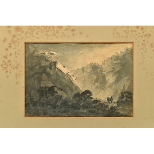 260 - CIRCLE OF WILLIAM GILPIN (1724-1804) A ROCKY LANDSCAPE WITH FIGURES ON A PATH, unsigned, ink wash on... 