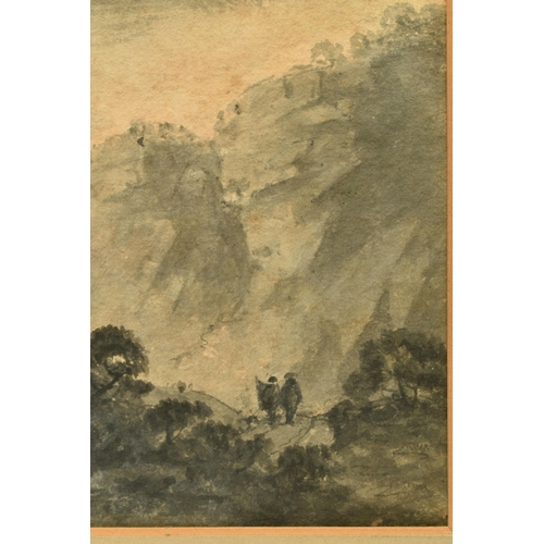 260 - CIRCLE OF WILLIAM GILPIN (1724-1804) A ROCKY LANDSCAPE WITH FIGURES ON A PATH, unsigned, ink wash on... 