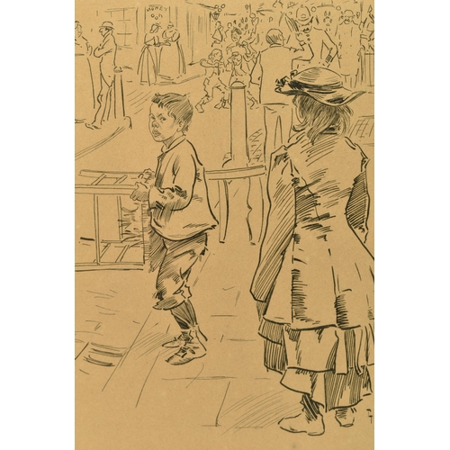 266 - PHIL MAY (1864-1903) 'HI BILLIE! ARE YOU MOVIN?', a sketch depicting a female figure talking to a yo... 