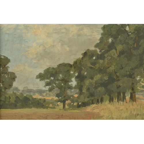 267 - JOHN ALFRED HAGGIS (1897-1968) 'LOOKING TOWARDS CHIGWELL ROW, ESSEX', an English landscape with tree... 