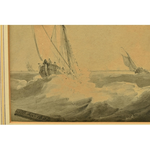 271 - SAMUEL OWEN (1768-1857) A MARITIME SCENE DEPICTING BOATS IN ROUGH SEAS, initialled and dated 1804 bo... 