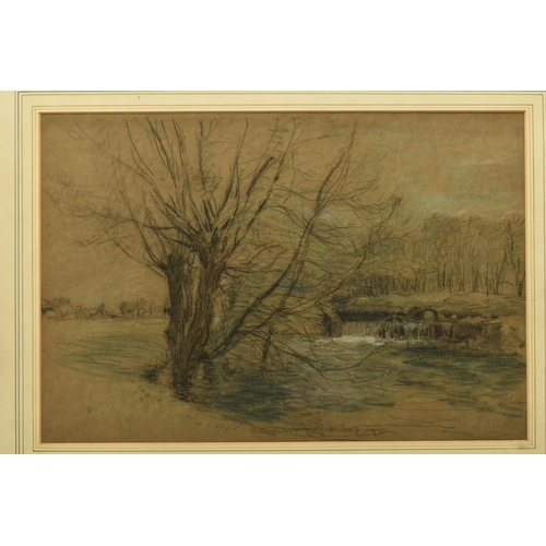 274 - CIRCLE OF WILLIAM MARK FISHER (1841-1923) A SKETCH OF A RIVER LANDSCAPE, no visible signature, charc... 