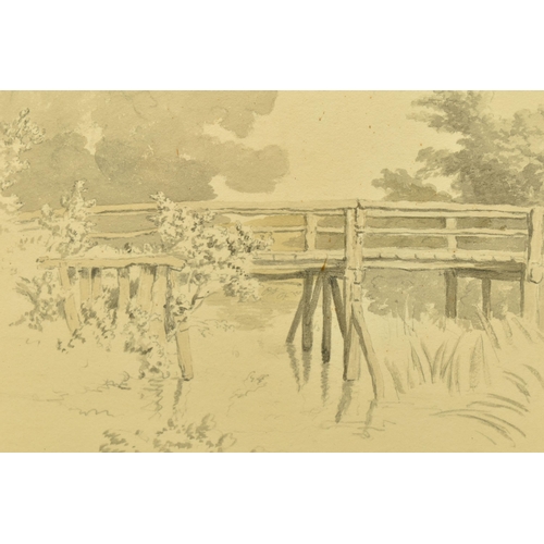 280 - CIRCLE OF ROBERT HILLS (1769-1844) A WOODEN FOOTBRIDGE, attribution verso, watercolour on paper, app... 