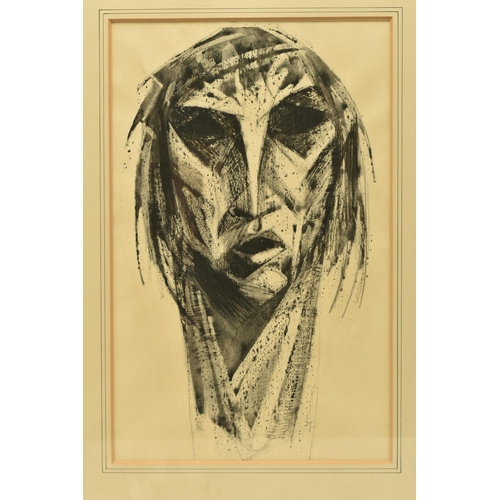 282 - GEORGE TUCKWELL (1919-2000) 'BEGGAR', a stylised portrait of a face, initialled lower right, ink and... 