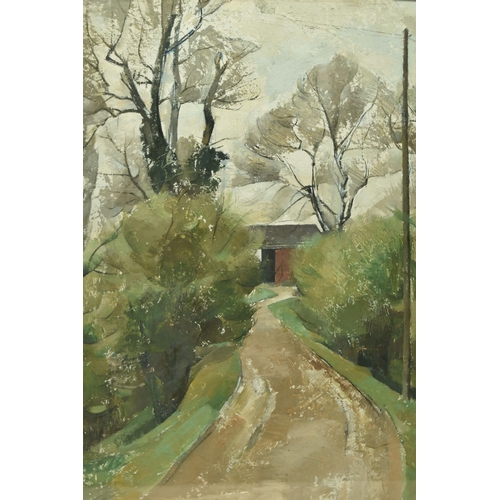 301 - HARRY M. TURNER (20TH CENTURY) 'LOCHRANZA', a rural pathway leading to a barn, signed bottom left, a... 