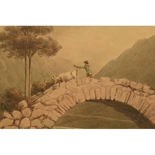 347 - CIRCLE OF WILLIAM GREEN OF AMBLESIDE (1760-1823) 'BRIDGE AT MARDALE', cattle drover and cattle cross... 