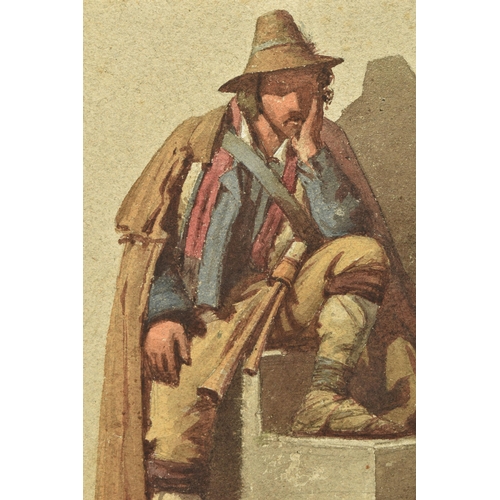 302 - JAMES HAYLLAR (1829-1920) A PORTRAIT OF A MALE FIGURE, the man is seated upon a stone block with one... 