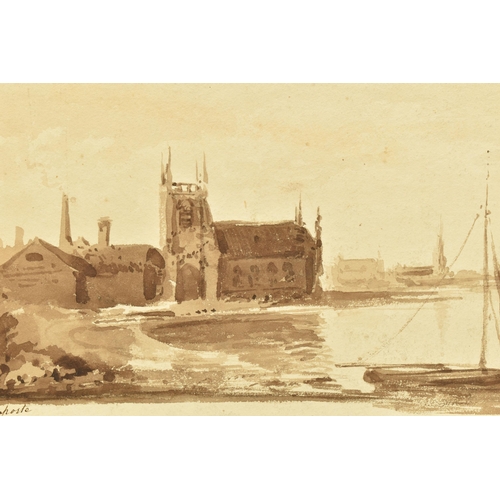 306 - JOHN LAPORTE ( 1761-1839) A LOOSE SKETCH DEPICTING A DINGHY WITH CHURCH BEYOND, signed bottom left, ... 