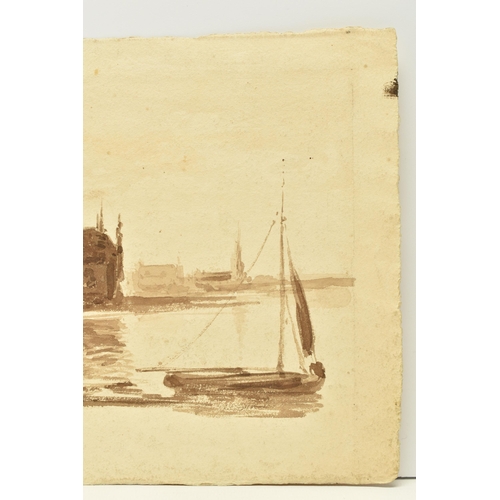 306 - JOHN LAPORTE ( 1761-1839) A LOOSE SKETCH DEPICTING A DINGHY WITH CHURCH BEYOND, signed bottom left, ... 