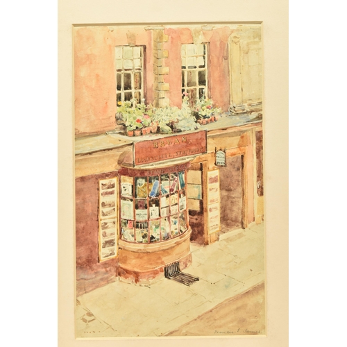 310 - FRANCIS EDWARD JAMES (1849-1920) SHOP FRONT STUDY, a view of a bookseller and stationery shop, signe... 