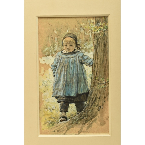 313 - GEORGE HENRY BOUGHTON (1833-1905) CHILD WEARING A BLUE SMOCK, a portrait of a young boy standing bes... 