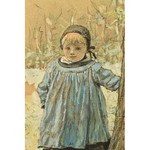 313 - GEORGE HENRY BOUGHTON (1833-1905) CHILD WEARING A BLUE SMOCK, a portrait of a young boy standing bes... 