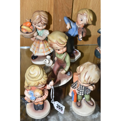 355 - FIVE PM & M CORTENDORF CERAMIC FIGURES, of stylised children, comprising a boy with books and satche... 