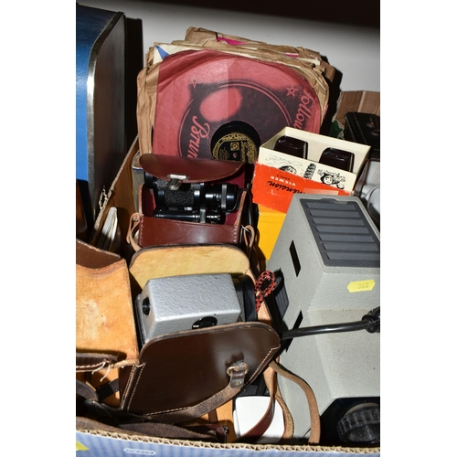 368 - FOUR BOXES OF MISCELLANEOUS SUNDRIES, to include an Halina 150 slide projector, a cased pair of Carl... 