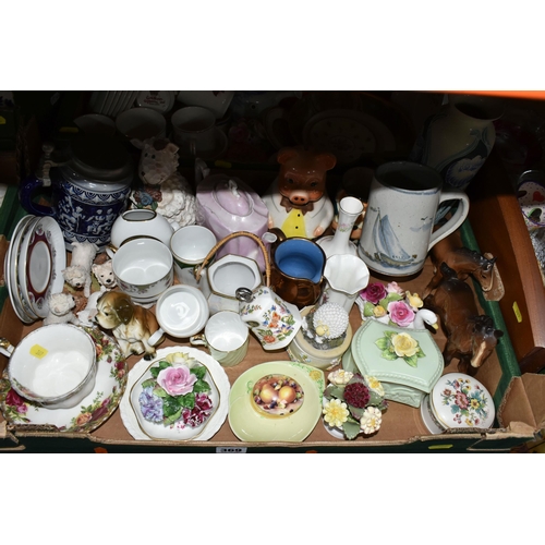 369 - THREE BOXES OF CERAMICS AND GLASSWARE, to include a  Caithness  mottled glass dish, a Szgja glass bi... 