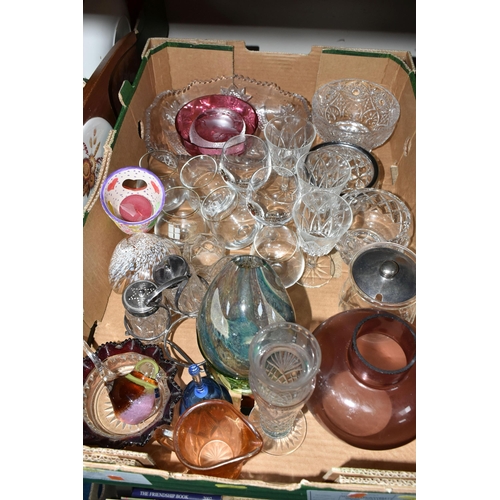 369 - THREE BOXES OF CERAMICS AND GLASSWARE, to include a  Caithness  mottled glass dish, a Szgja glass bi... 