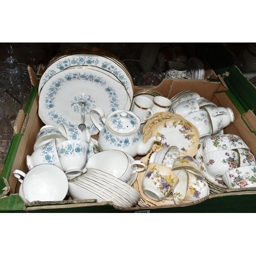 380 - FIVE BOXES OF CERAMICS AND GLASSWARE, to include champagne glasses, and flutes, a Colclough tea set ... 