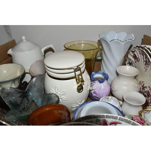 380 - FIVE BOXES OF CERAMICS AND GLASSWARE, to include champagne glasses, and flutes, a Colclough tea set ... 