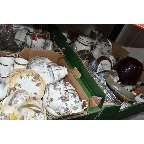 380 - FIVE BOXES OF CERAMICS AND GLASSWARE, to include champagne glasses, and flutes, a Colclough tea set ... 