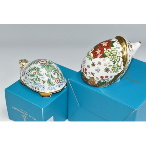 387 - TWO BOXED ROYAL CROWN DERBY CHRISTMAS PAPERWEIGHTS, comprising Christmas Hedgehog and Winter Tortois... 